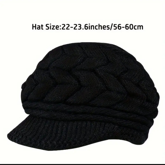 Winter Beanie With Brim, Solid Color Ribbed Knit Hat, Faux Fur Lining - Picture 7 of 9